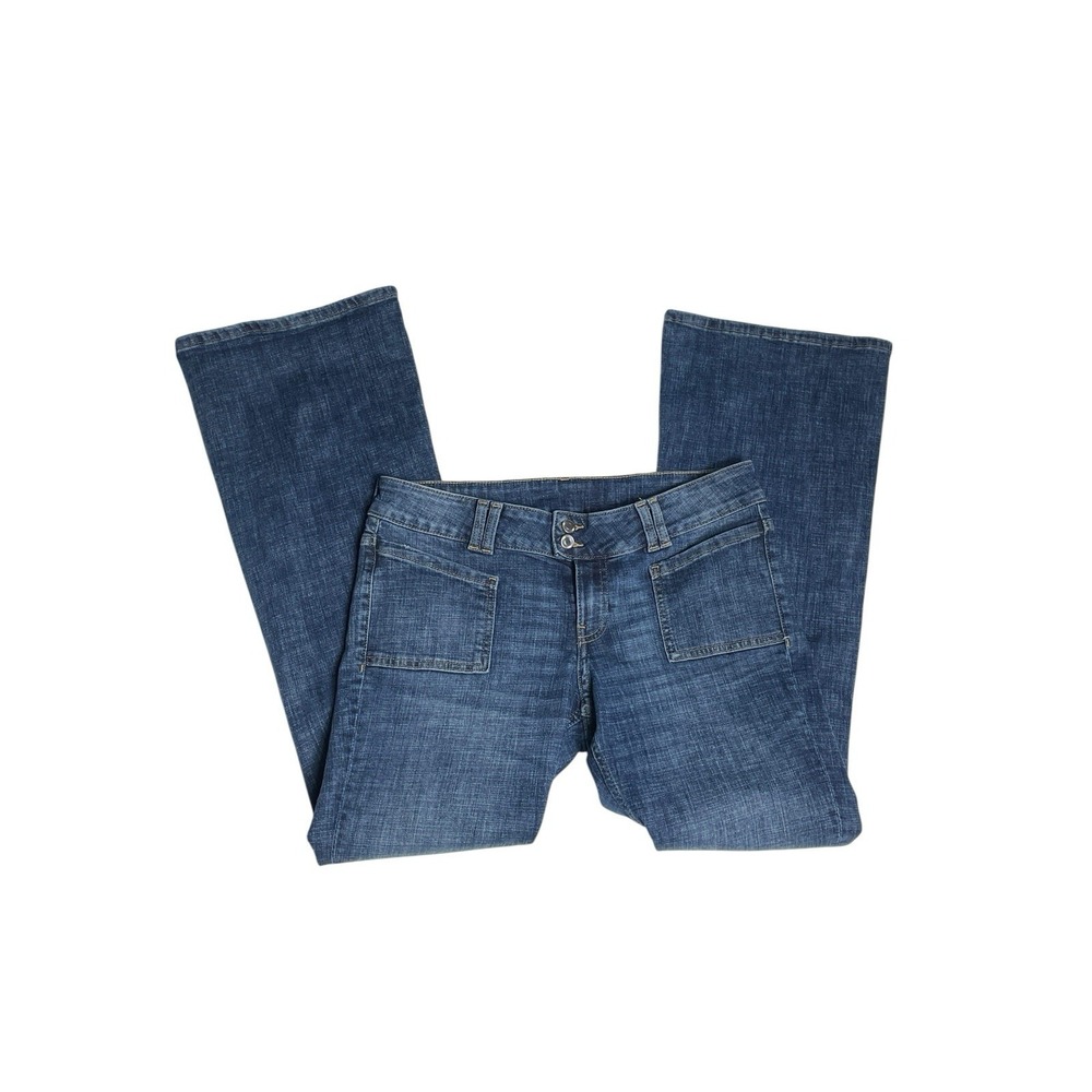 H&M Divided Low Rise Flare Jeans Womens 8 Patch Pocket Y2K Dark Wash 32 Inseam